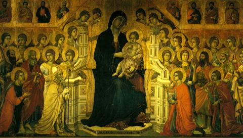 Trónoló Madonna (a retablo eleje) (Museo de la Catedral, Siena) – Duccio di Buoninsegna